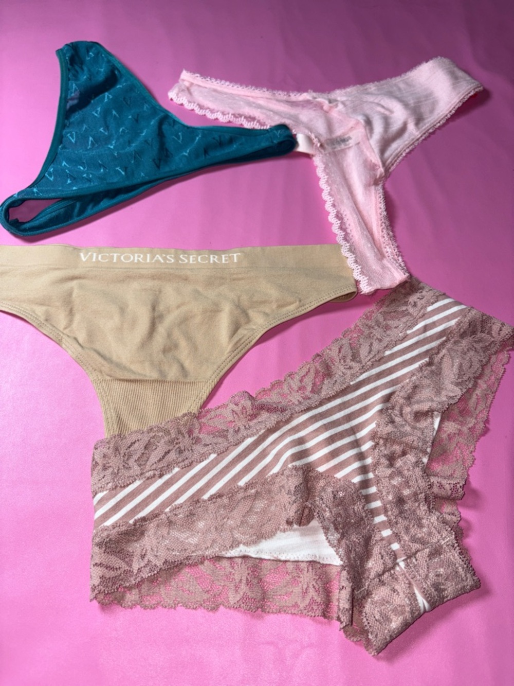 Victoria's Secret Teal, Pink, Beige & Mauve Lace Panty Set